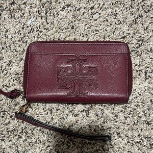 Tory Burch Maroon Leather Wristlet